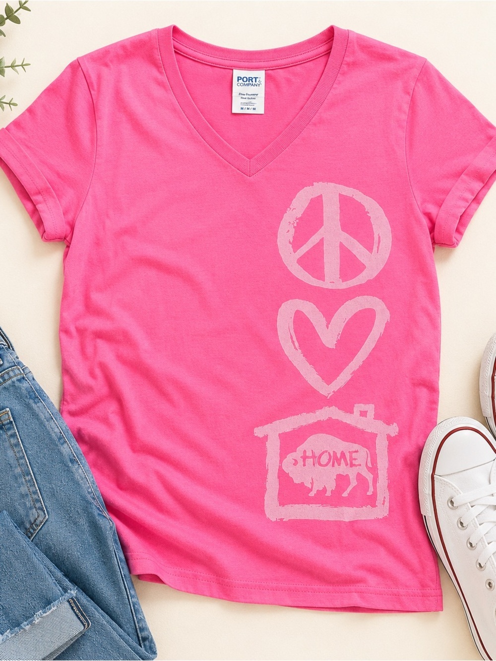 Port & Company Pink Graphic Tee – Peace Love Buffalo Home – Size Medium